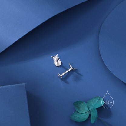 Mismatched Moon and Starburst Internally Threaded Flat Back/Screw back/Stud Earrings in Sterling Silver, Asymmetric Star and Moon Earrings