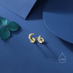 Sterling Silver Crescent Moon and Star CZ 16G Flat Back Labret Earrings
