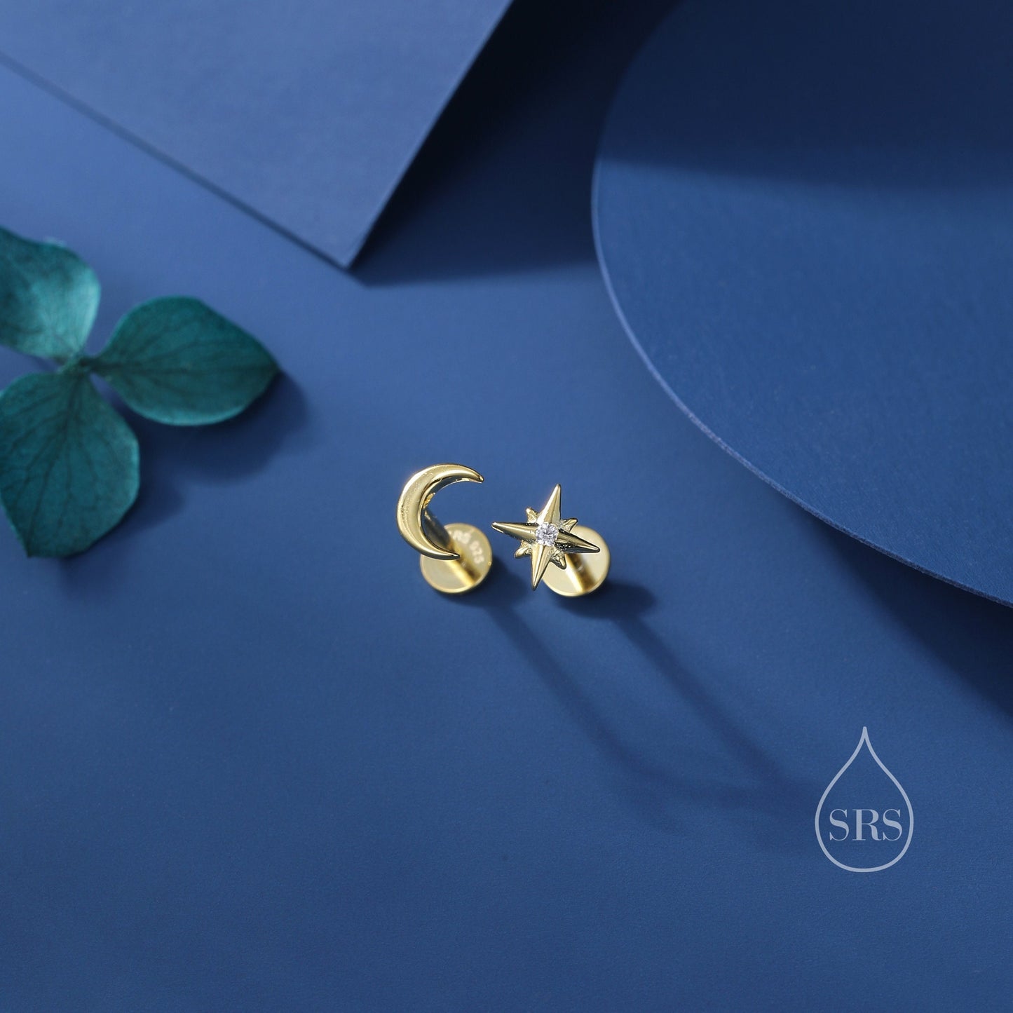 Mismatched Moon and Starburst Internally Threaded Flat Back/Screw back/Stud Earrings in Sterling Silver, Asymmetric Star and Moon Earrings