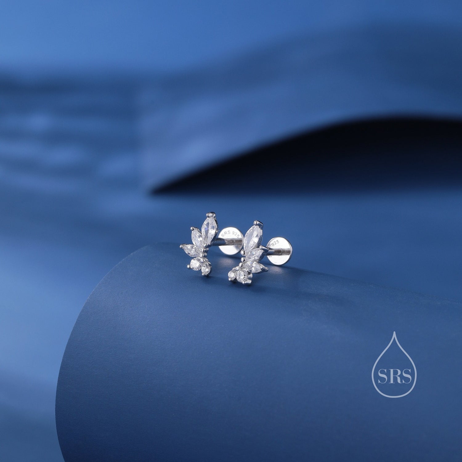 Mini Marquise CZ 16G Internally Threaded Flat Back Earrings in Sterling Silver