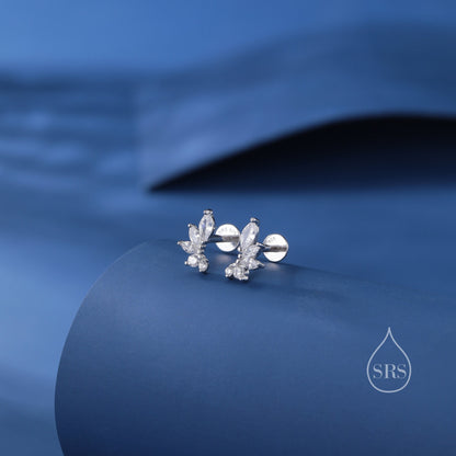 Mini Marquise CZ Earrings, Internally Threaded Flat Back Earrings in Sterling Silver, Marquise Earrings, Screw Back Earrings