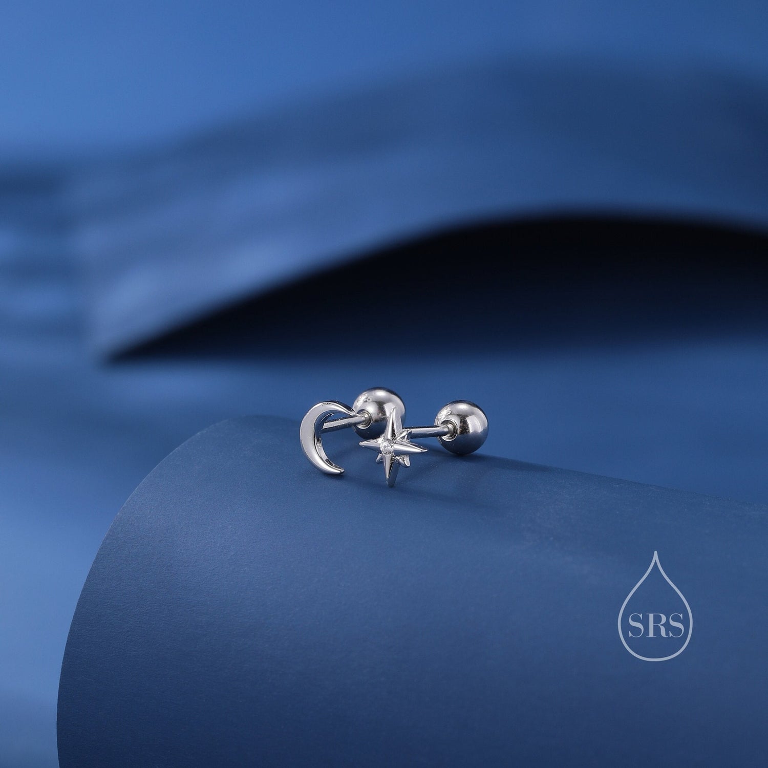 Asymmetric Moon and Starburst 18G Screw Back Earrings in Sterling Silver