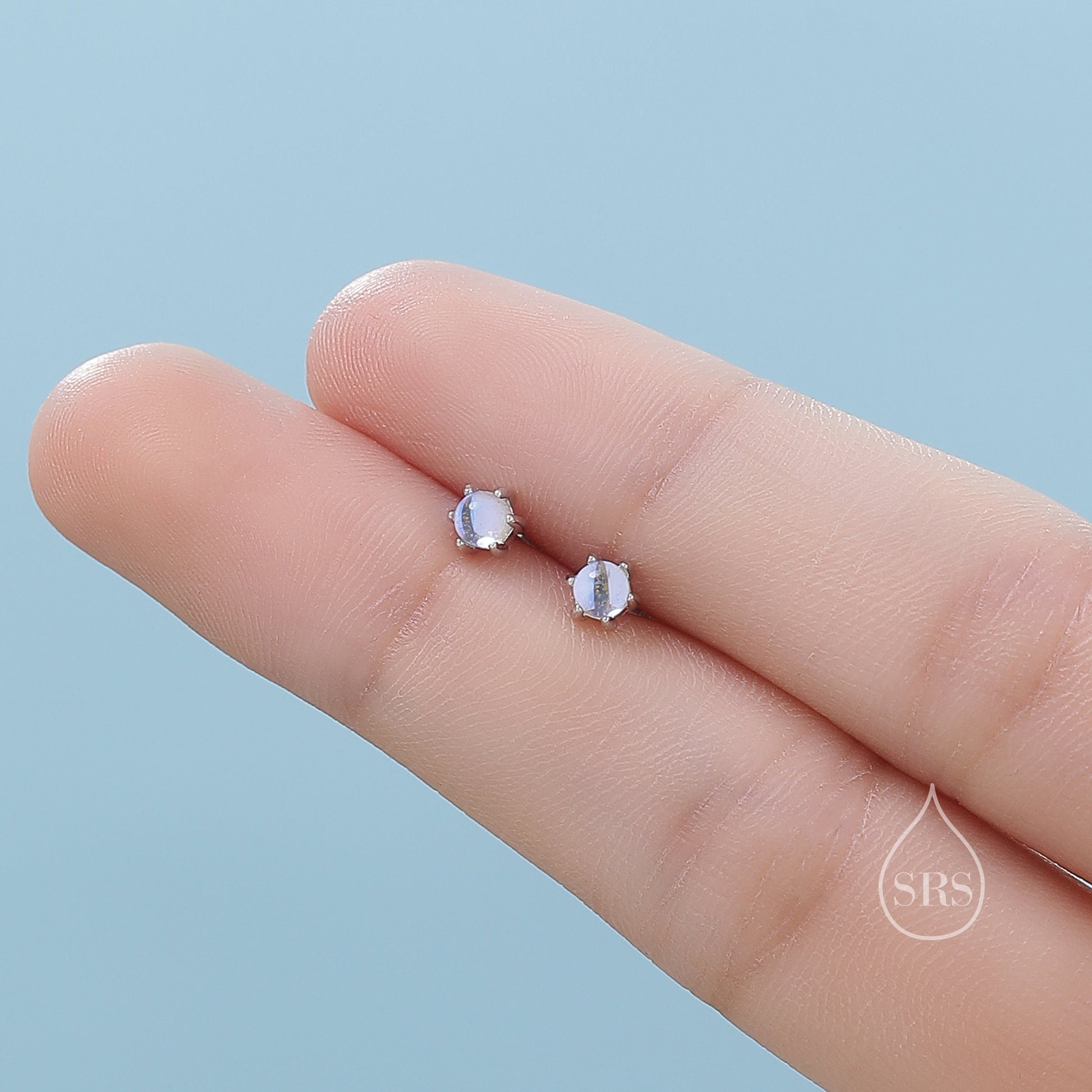 Very Tiny Moonstone Internally Threaded Flat Back/Screw back(Barbell)/ Stud Earrings in Sterling Silver, Lab Moonstone Earrings, Piercing