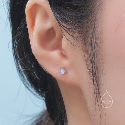 Extra Tiny Moonstone Internally Threaded Flat Back/Screw back(Barbell)/ Stud Earrings in Sterling Silver, Lab Moonstone Earrings, Piercing