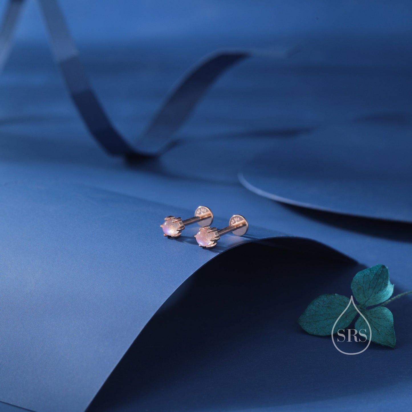 Very Tiny Moonstone Internally Threaded Flat Back/Screw back(Barbell)/ Stud Earrings in Sterling Silver, Lab Moonstone Earrings, Piercing