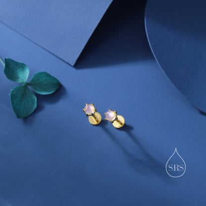 Very Tiny Moonstone Internally Threaded Flat Back/Screw back(Barbell)/ Stud Earrings in Sterling Silver, Lab Moonstone Earrings, Piercing