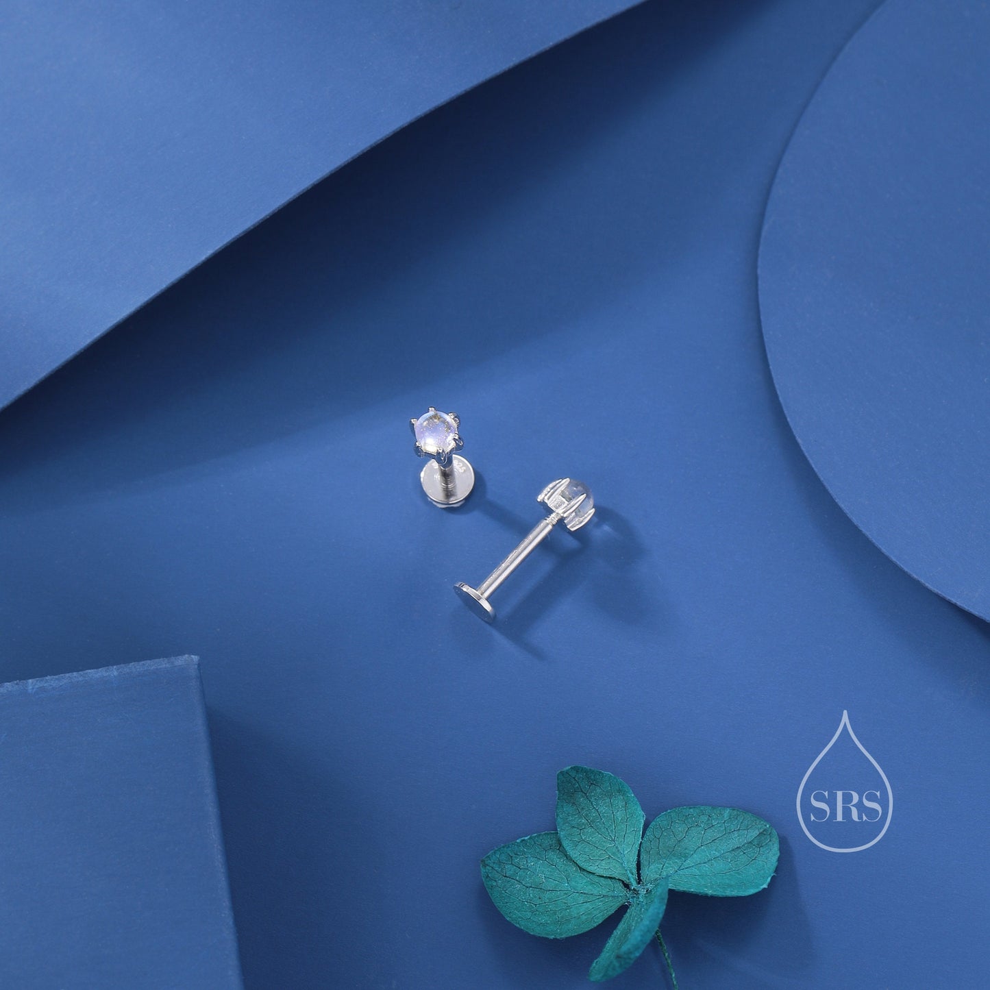 Very Tiny Moonstone Internally Threaded Flat Back/Screw back(Barbell)/ Stud Earrings in Sterling Silver, Lab Moonstone Earrings, Piercing