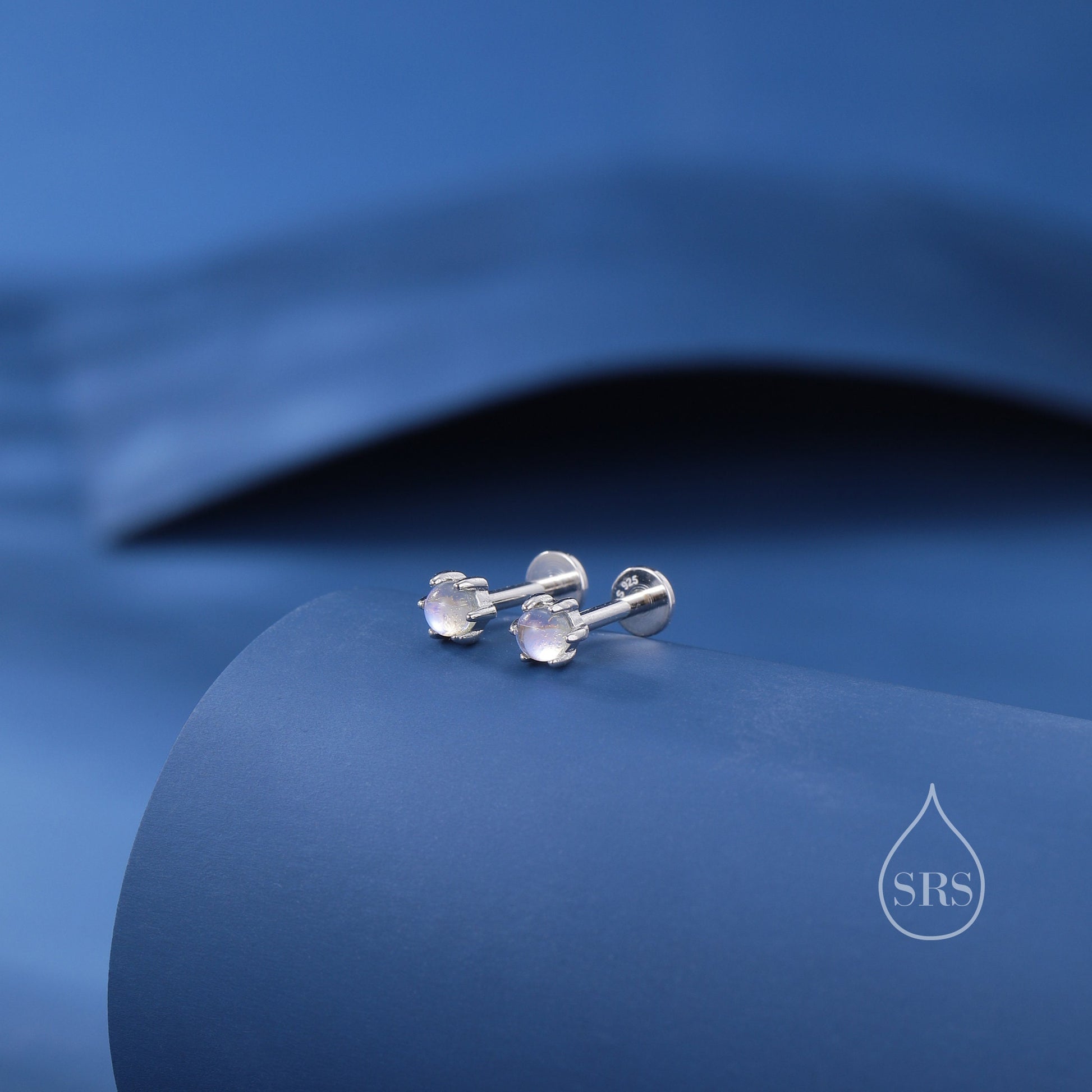 Very Tiny Moonstone Internally Threaded Flat Back/Screw back(Barbell)/ Stud Earrings in Sterling Silver, Lab Moonstone Earrings, Piercing