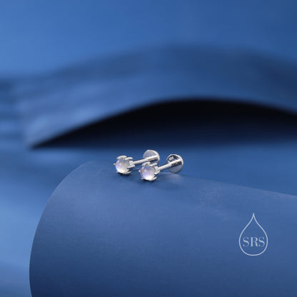 Very Tiny Moonstone Internally Threaded Flat Back/Screw back(Barbell)/ Stud Earrings in Sterling Silver, Lab Moonstone Earrings, Piercing