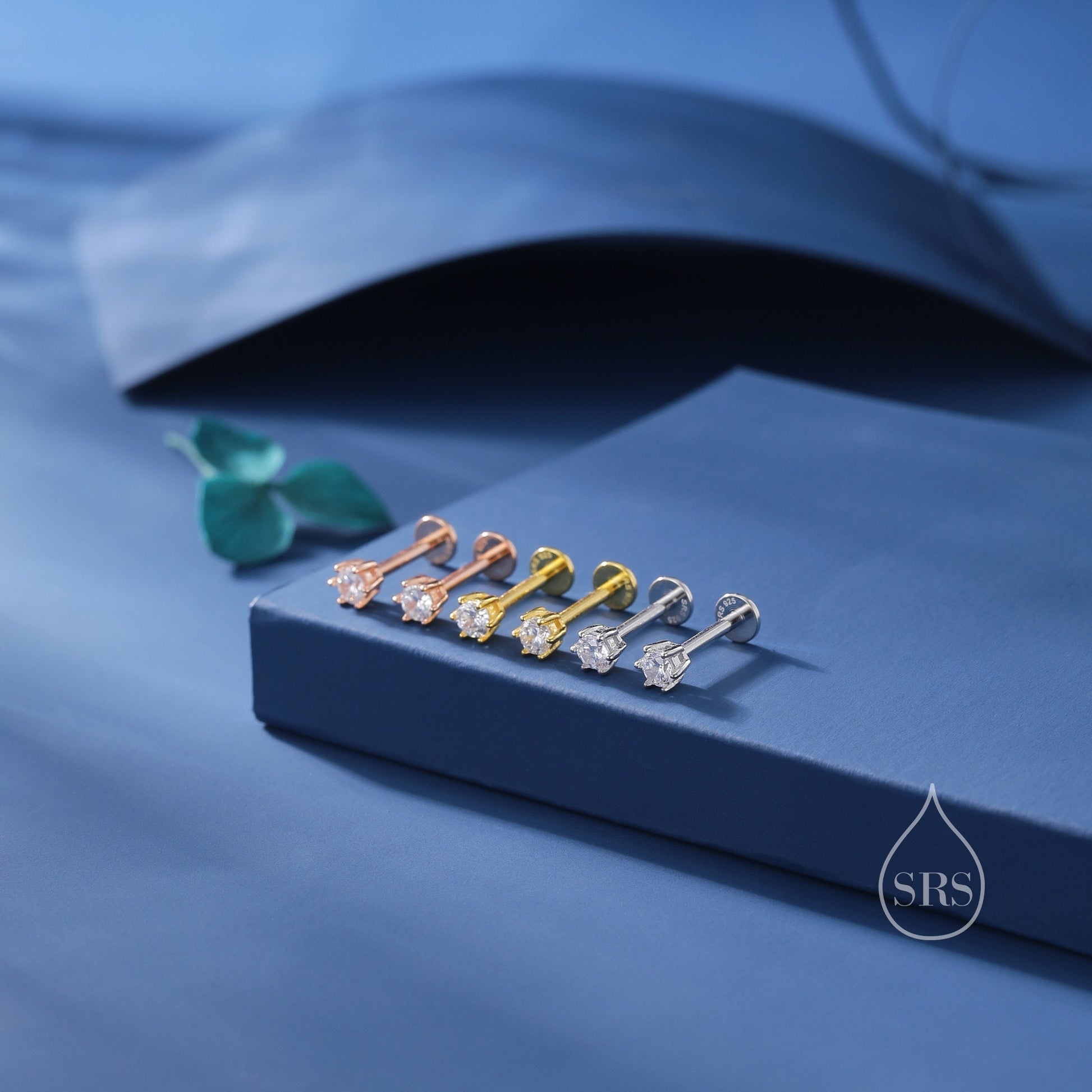 Brilliant Cut 4mm CZ Internally Threaded Flat Back/Screw Back/Stud Earrings in Sterling Silver, Silver, Gold or Rose Gold, Six Prong