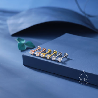 Brilliant Cut 3mm CZ Internally Threaded Flat Back/Screw Back/Stud Earrings in Sterling Silver, Silver, Gold or Rose Gold, Six Prong