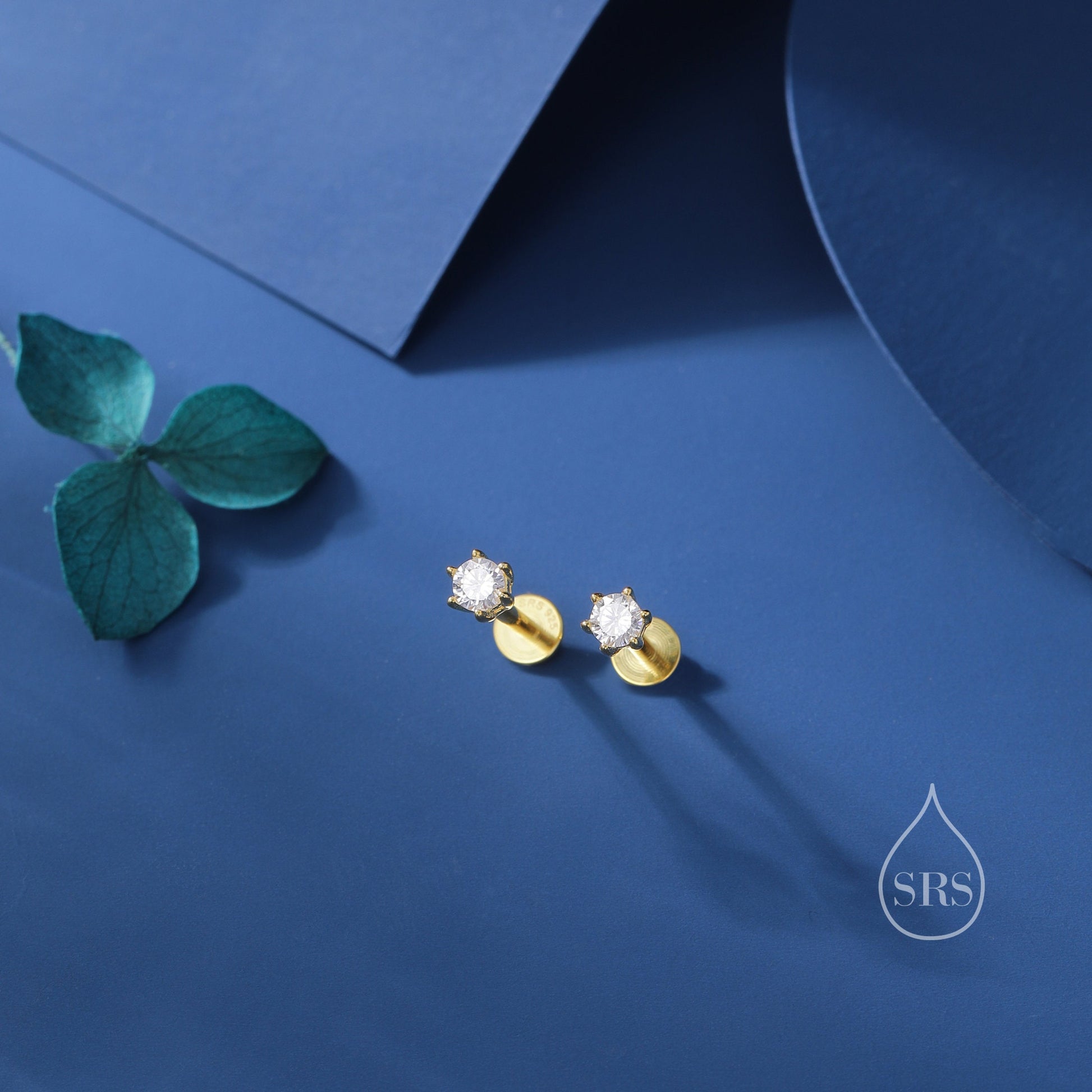 Brilliant Cut 4mm CZ Internally Threaded Flat Back/Screw Back/Stud Earrings in Sterling Silver, Silver, Gold or Rose Gold, Six Prong