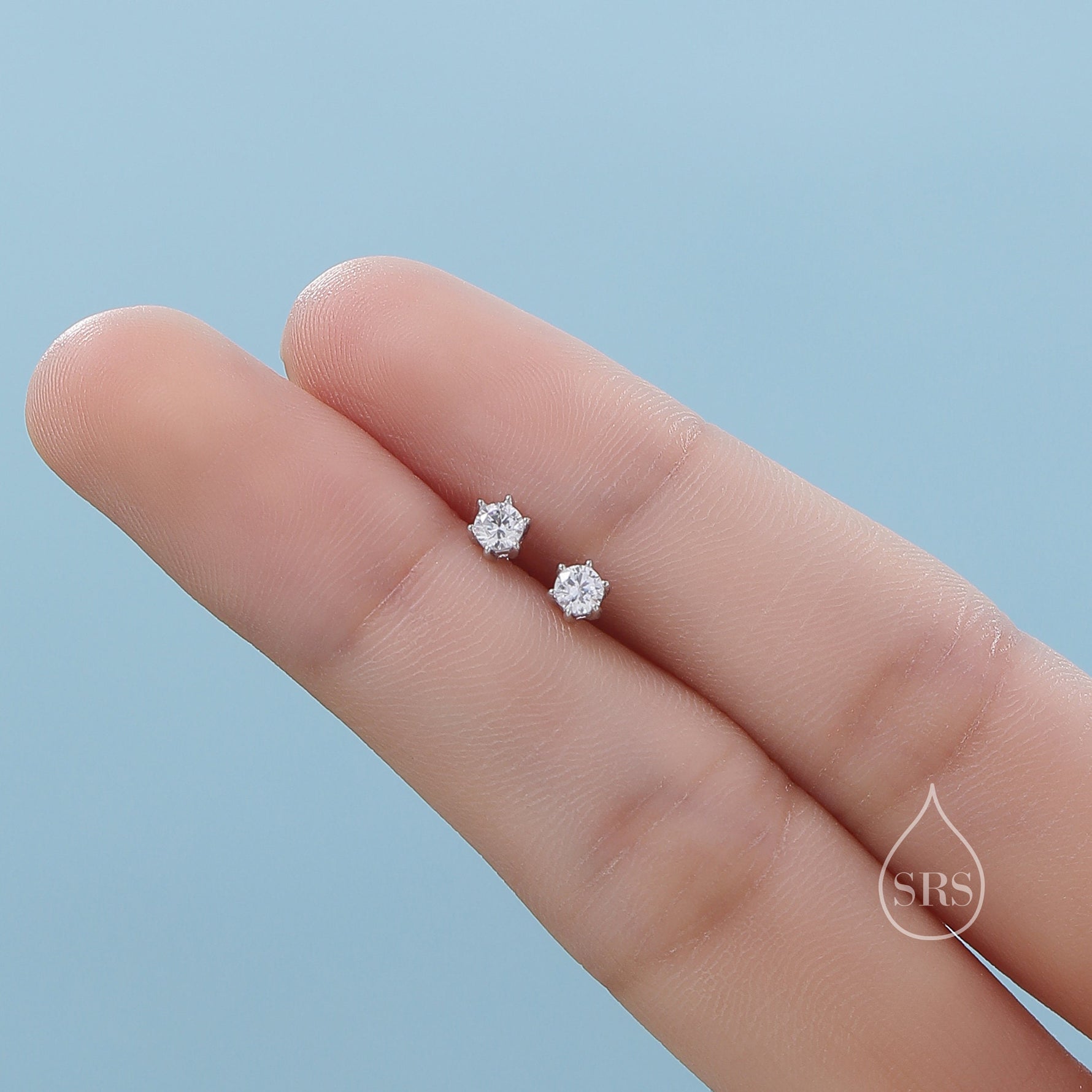 Brilliant Cut 3mm Six Prong CZ 16G Internally Threaded Flat Back Earrings in Sterling Silver