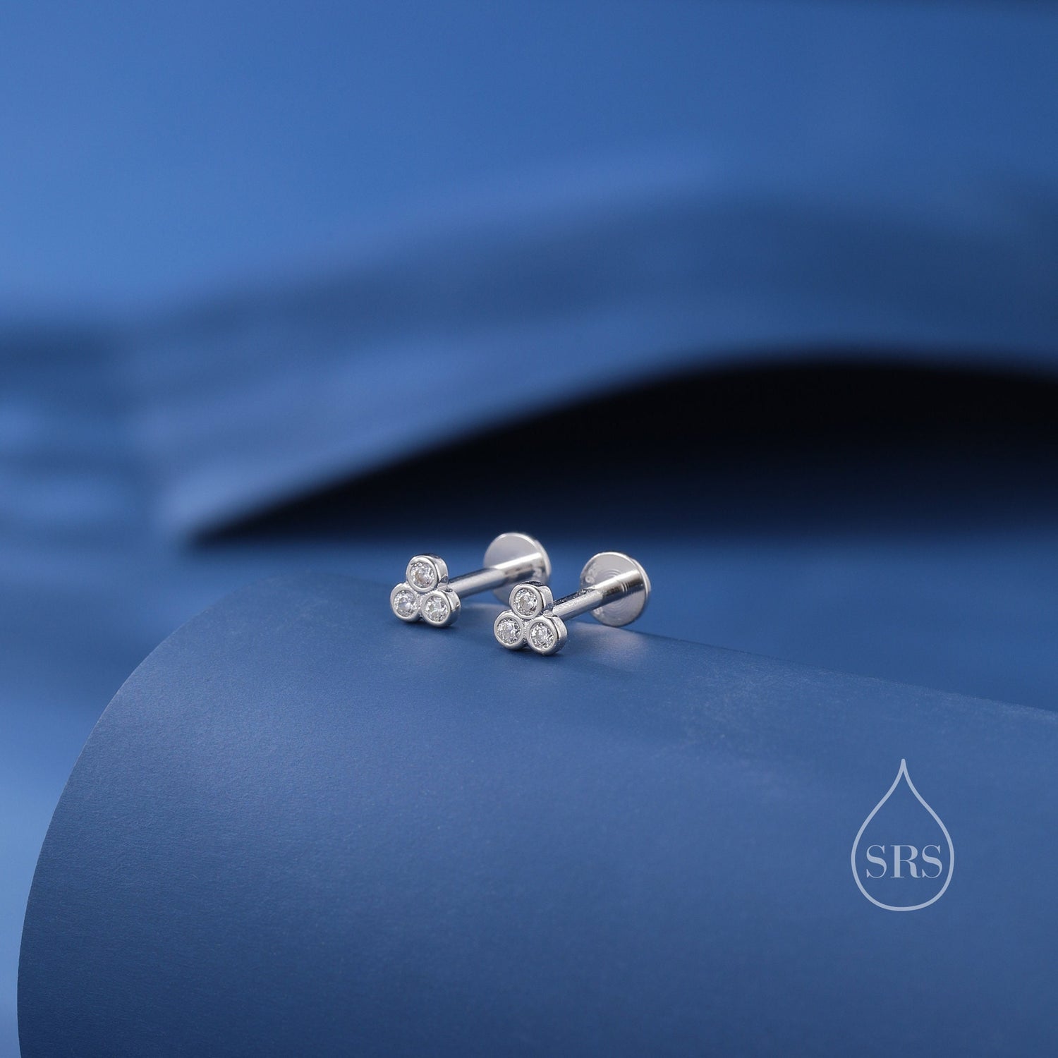 Very Tiny Three CZ 16G Internally Threaded Flat Back Earrings in Sterling Silver