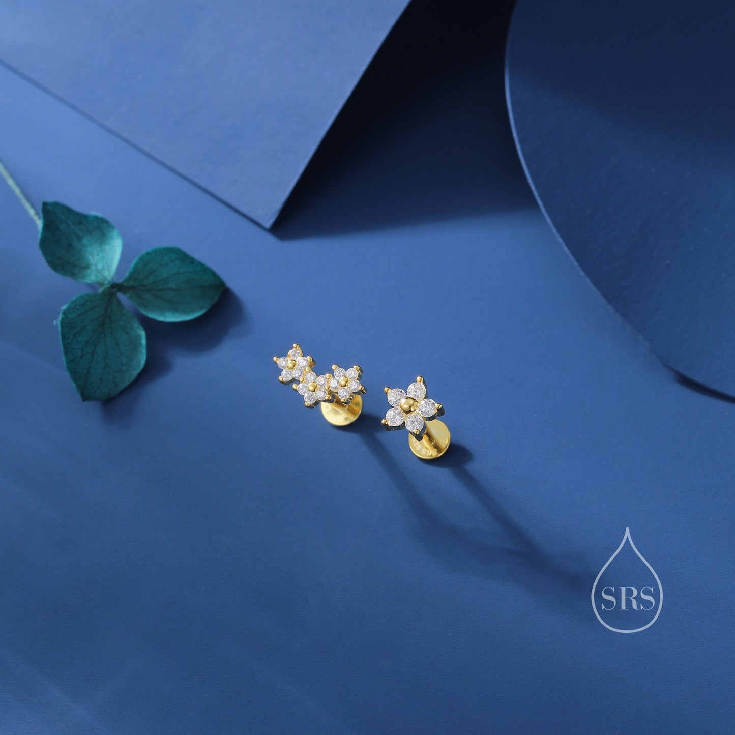 Internally Threaded Asymmetric Forget Me Not Flower Bouquet Flat Back Earrings in Sterling Silver, Silver, Gold or Rose Gold,