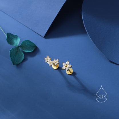 Internally Threaded Asymmetric Forget Me Not Flower Bouquet Flat Back Earrings in Sterling Silver, Silver, Gold or Rose Gold,