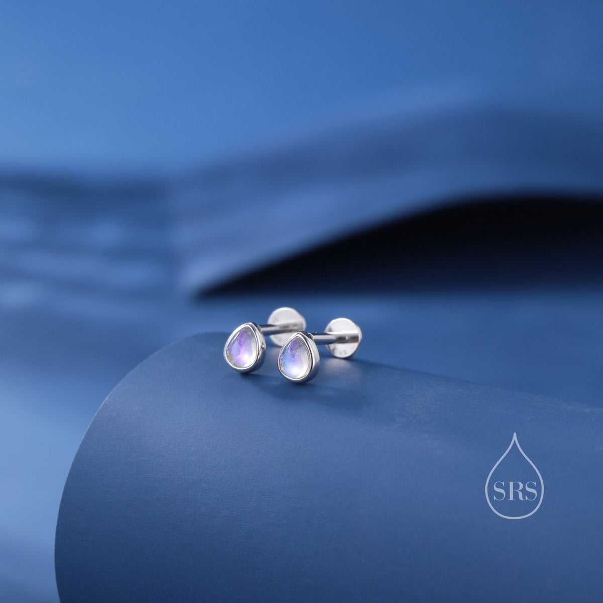 Moonstone Droplet 16G Internally Threaded Flat Back Earrings in Sterling Silver