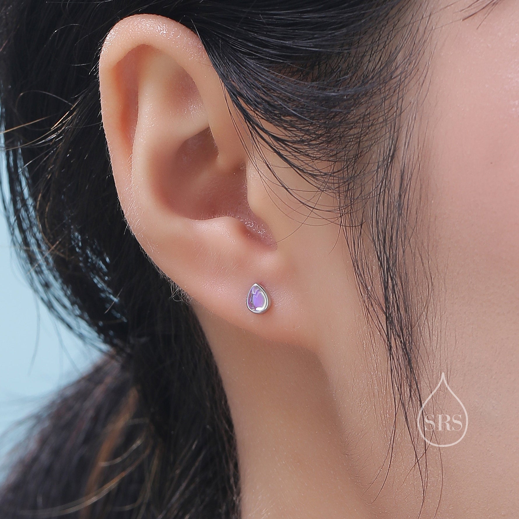 Very Tiny Moonstone Droplet Stud Earrings in Sterling Silver, Silver or Gold, Lab Moonstone Earrings, Double Droplet Stud, Pear Moonstone