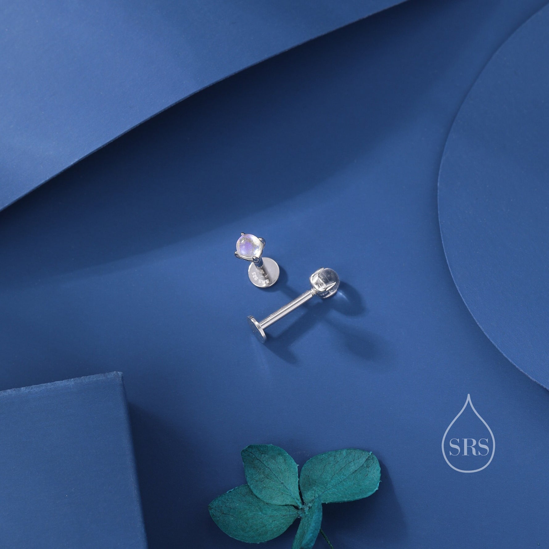 Moonstone 16G Internally Threaded Flat Back Earrings in Sterling Silver