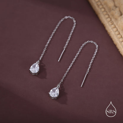 CZ Droplet Threader Earrings in Sterling Silver, Silver or Gold, Pear Cut CZ Long Ear Threaders, Sparkly CZ Threaders,
