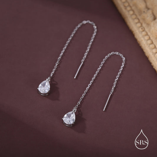 CZ Droplet Threader Earrings in Sterling Silver, Silver or Gold, Pear Cut CZ Long Ear Threaders, Sparkly CZ Threaders,