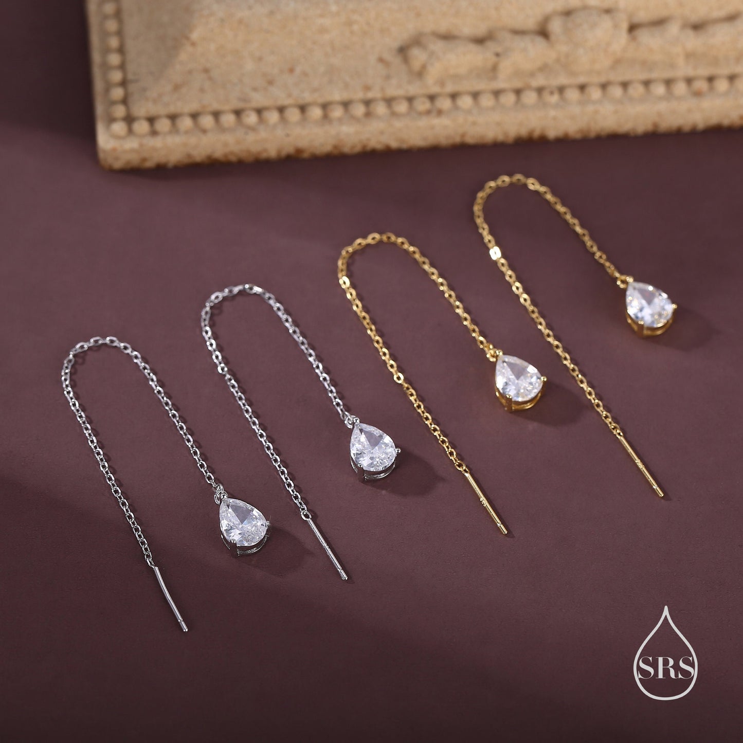 CZ Droplet Threader Earrings in Sterling Silver, Silver or Gold, Pear Cut CZ Long Ear Threaders, Sparkly CZ Threaders,
