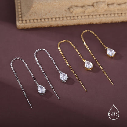 CZ Droplet Threader Earrings in Sterling Silver, Silver or Gold, Pear Cut CZ Long Ear Threaders, Sparkly CZ Threaders,