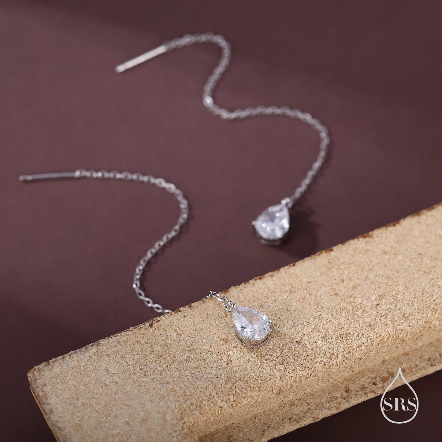 CZ Droplet Threader Earrings in Sterling Silver, Silver or Gold, Pear Cut CZ Long Ear Threaders, Sparkly CZ Threaders,