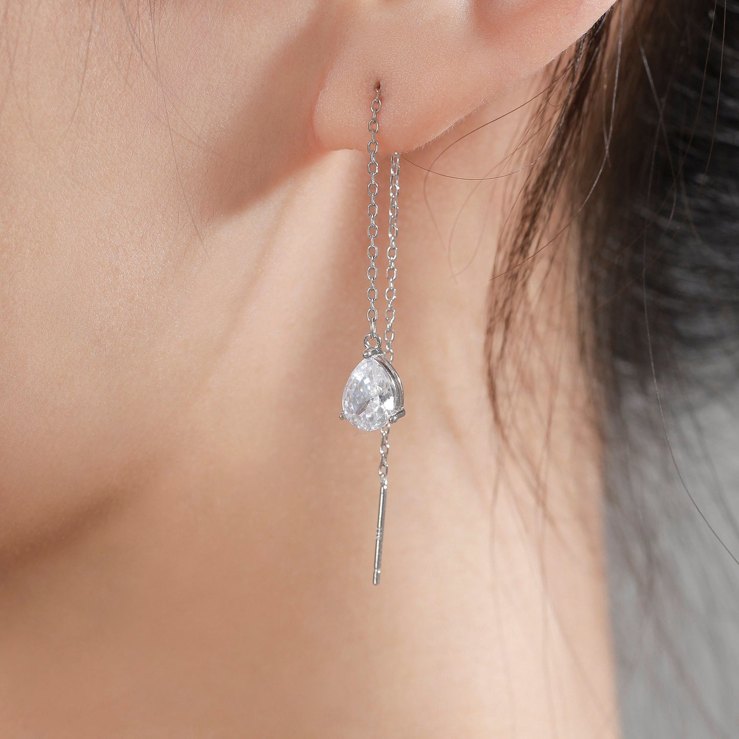 CZ Droplet Threader Earrings in Sterling Silver, Silver or Gold, Pear Cut CZ Long Ear Threaders, Sparkly CZ Threaders,