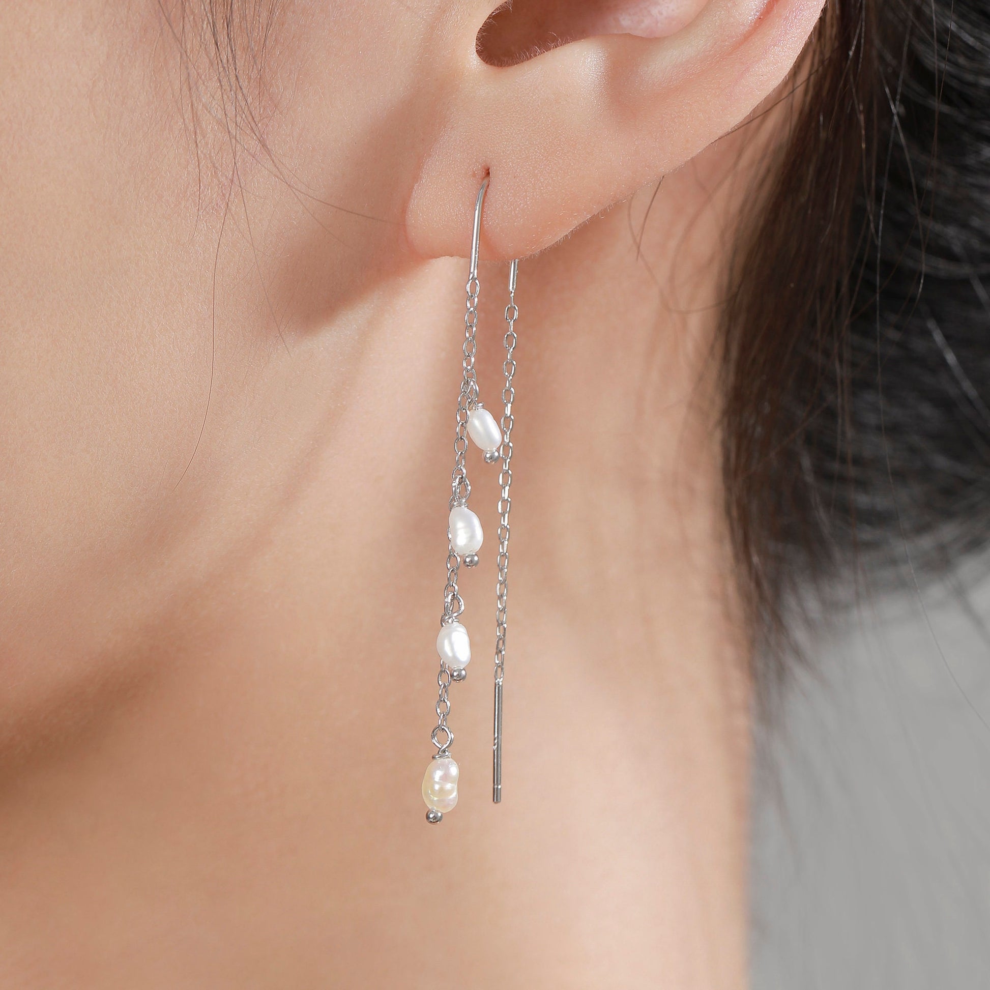 Genuine Fresh Water Pearl Cascade U Shape Threader Earrings in Sterling Silver, Silver or Gold Finish Ear Threaders, Long Threaders,