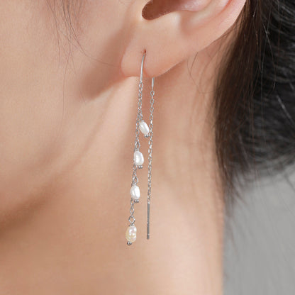 Genuine Fresh Water Pearl Cascade U Shape Threader Earrings in Sterling Silver, Silver or Gold Finish Ear Threaders, Long Threaders,