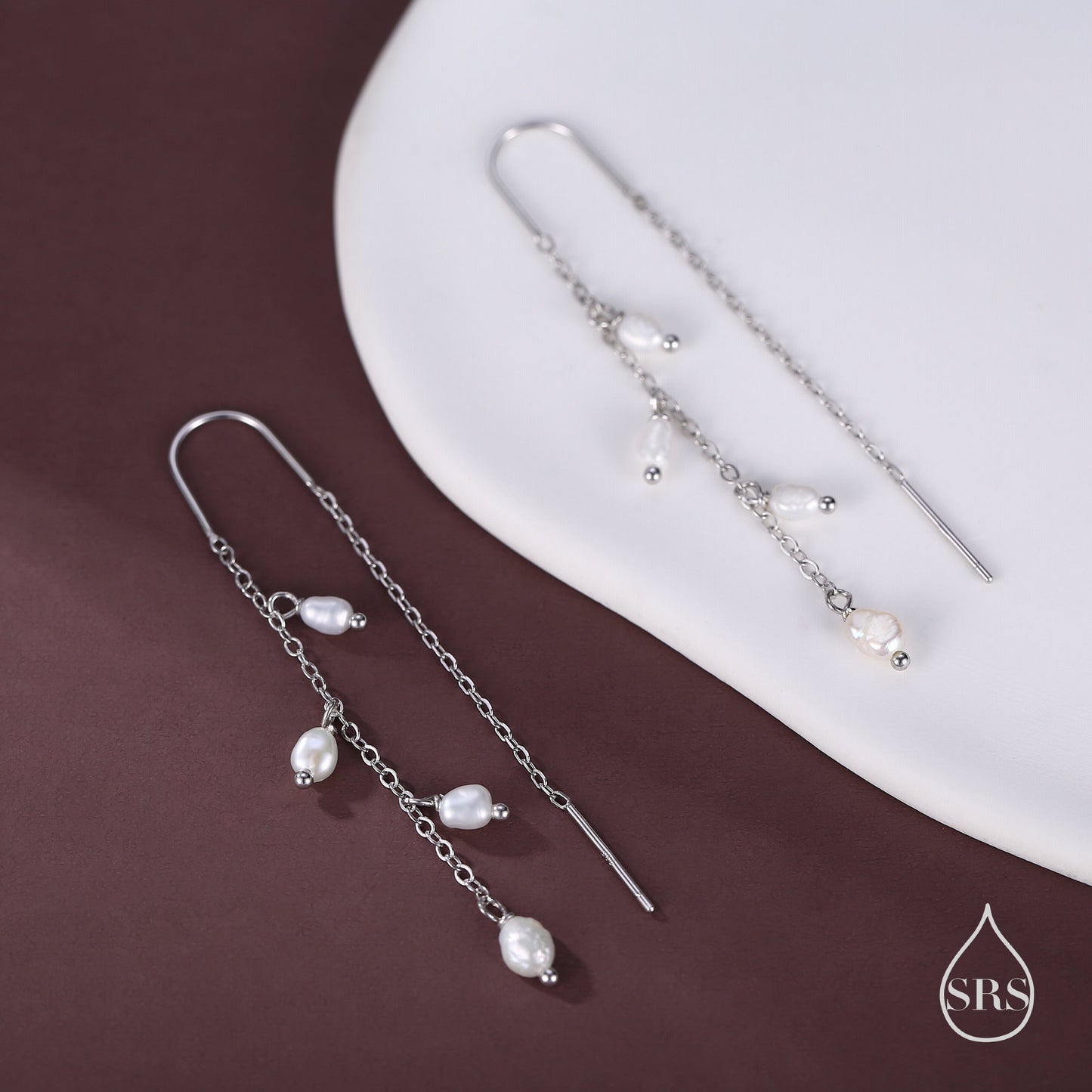 Genuine Fresh Water Pearl Cascade U Shape Threader Earrings in Sterling Silver, Silver or Gold Finish Ear Threaders, Long Threaders,