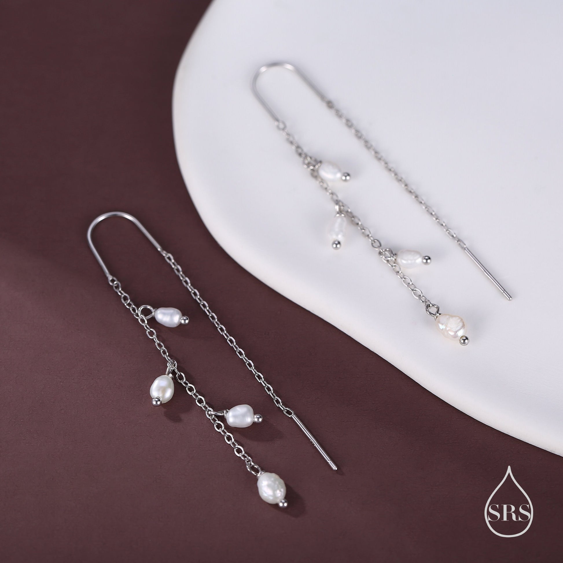 Genuine Fresh Water Pearl Cascade U Shape Threader Earrings in Sterling Silver, Silver or Gold Finish Ear Threaders, Long Threaders,