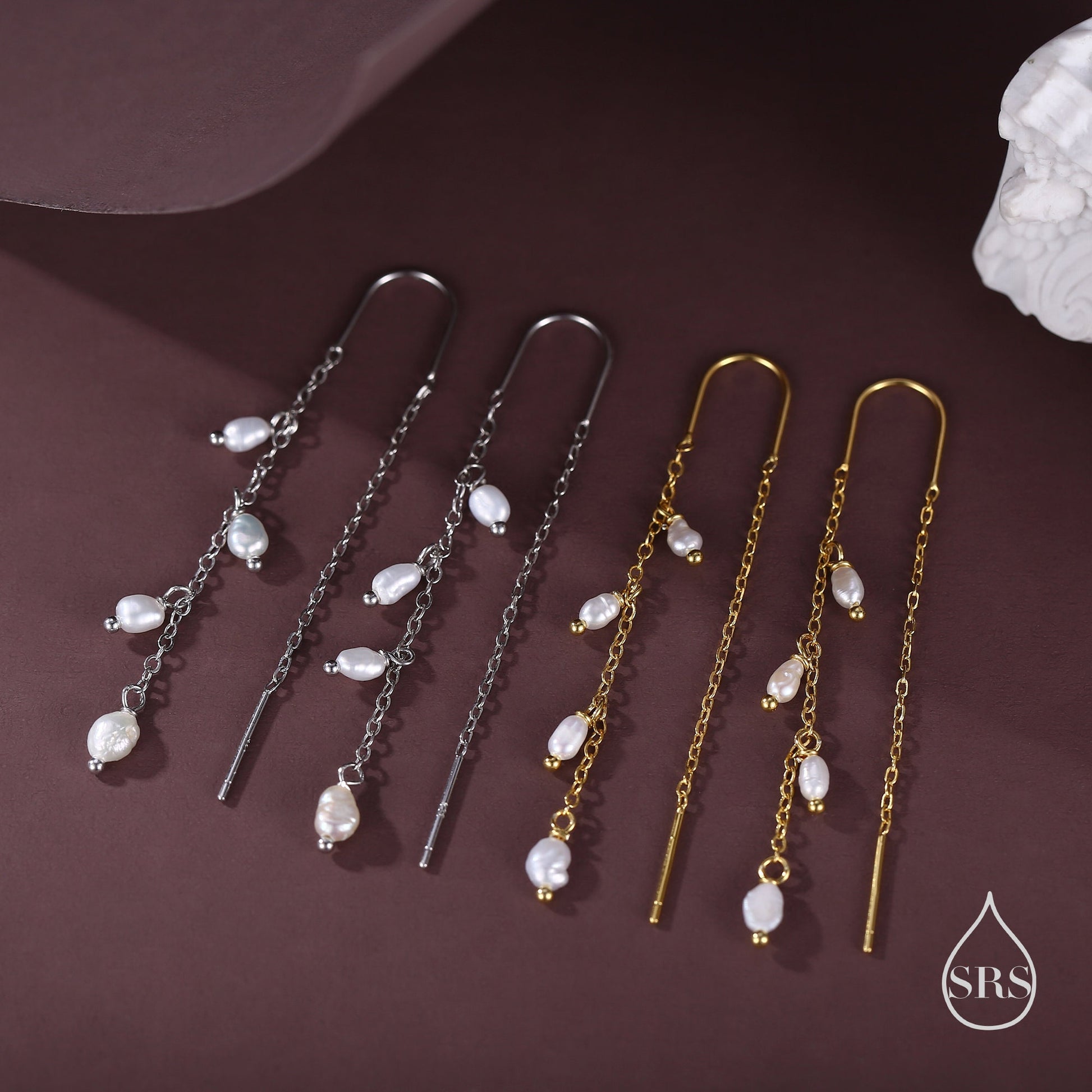 Genuine Fresh Water Pearl Cascade U Shape Threader Earrings in Sterling Silver, Silver or Gold Finish Ear Threaders, Long Threaders,