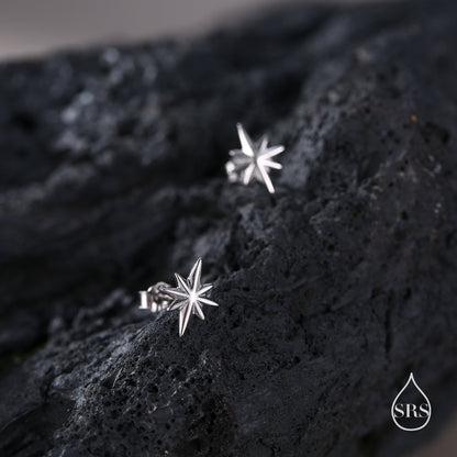 Tiny Starburst Stud Earrings in Sterling Silver, Delicate North Star Earrings, Silver, Gold or Rose Gold, Star Earrings, Celestial Earrings