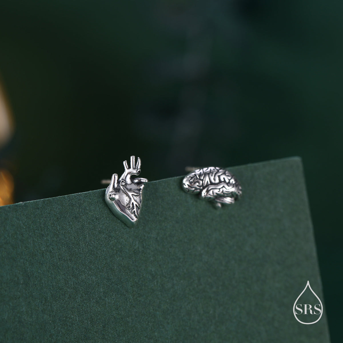 Sterling Silver Anatomical Heart and Brain Mismatched 18G Screw Back Earrings