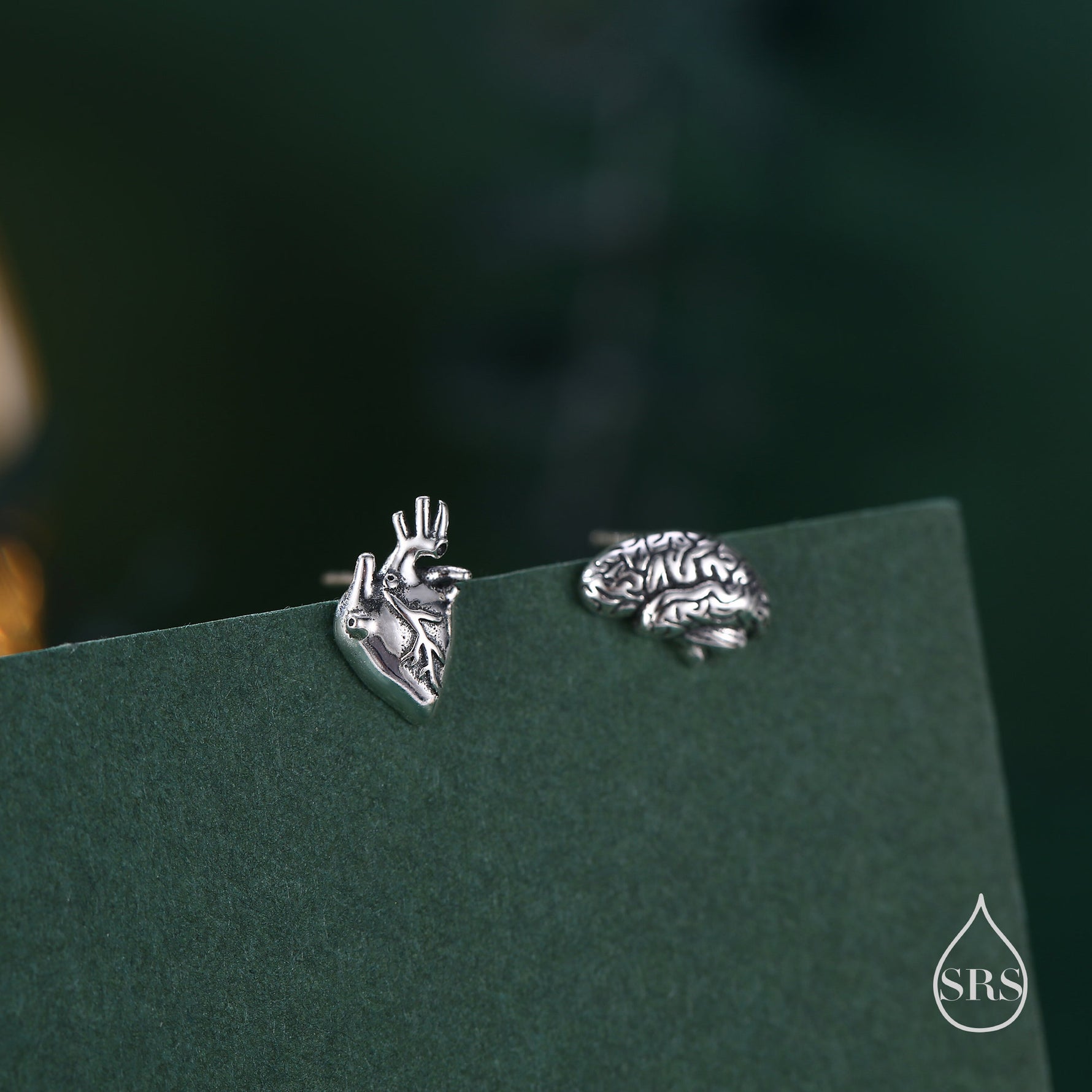 Sterling Silver Anatomical Heart and Brain Mismatched 18G Screw Back Earrings
