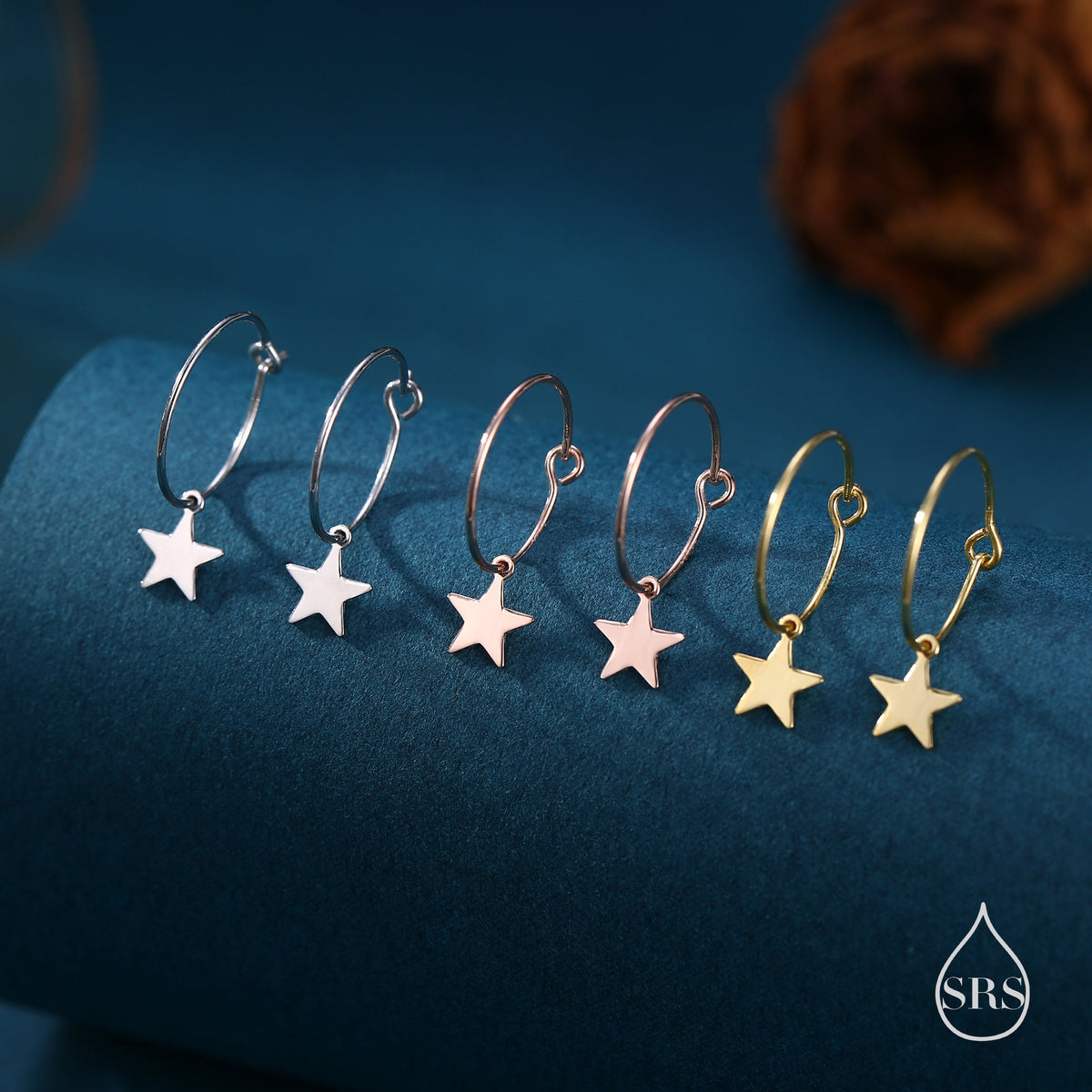 Very Minimalist Star Hoop Earrings in Sterling Silver, Silver, Gold or Rose Gold Finish, Two Sizes Available.