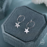 Very Minimalist Star Hoop Earrings in Sterling Silver, Silver, Gold or Rose Gold Finish, Two Sizes Available.