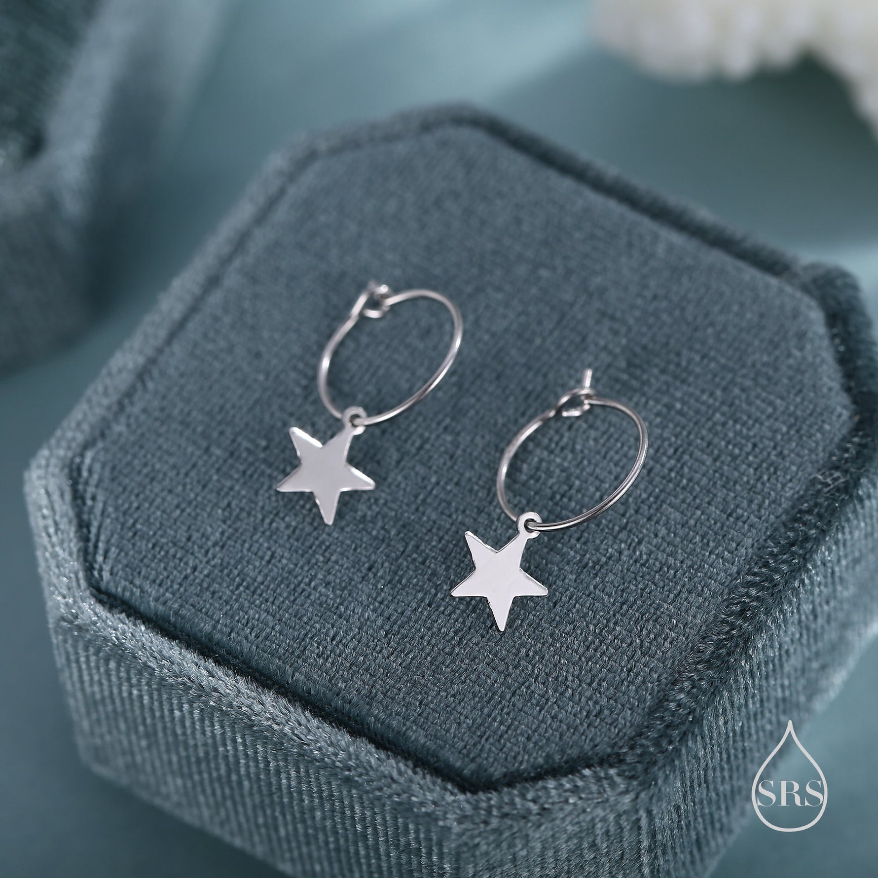 Very Minimalist Star Hoop Earrings in Sterling Silver, Silver, Gold or Rose Gold Finish, Two Sizes Available.