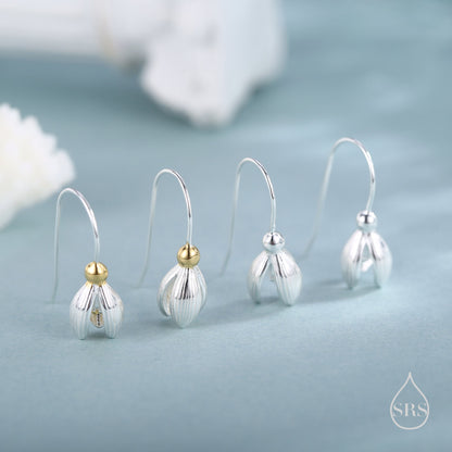 Delicate Snowdrop Flower Drop Earrings in Sterling Silver, Silver and Gold, Nature Inspired Flower Earrings, January Birth Flower, Botanical