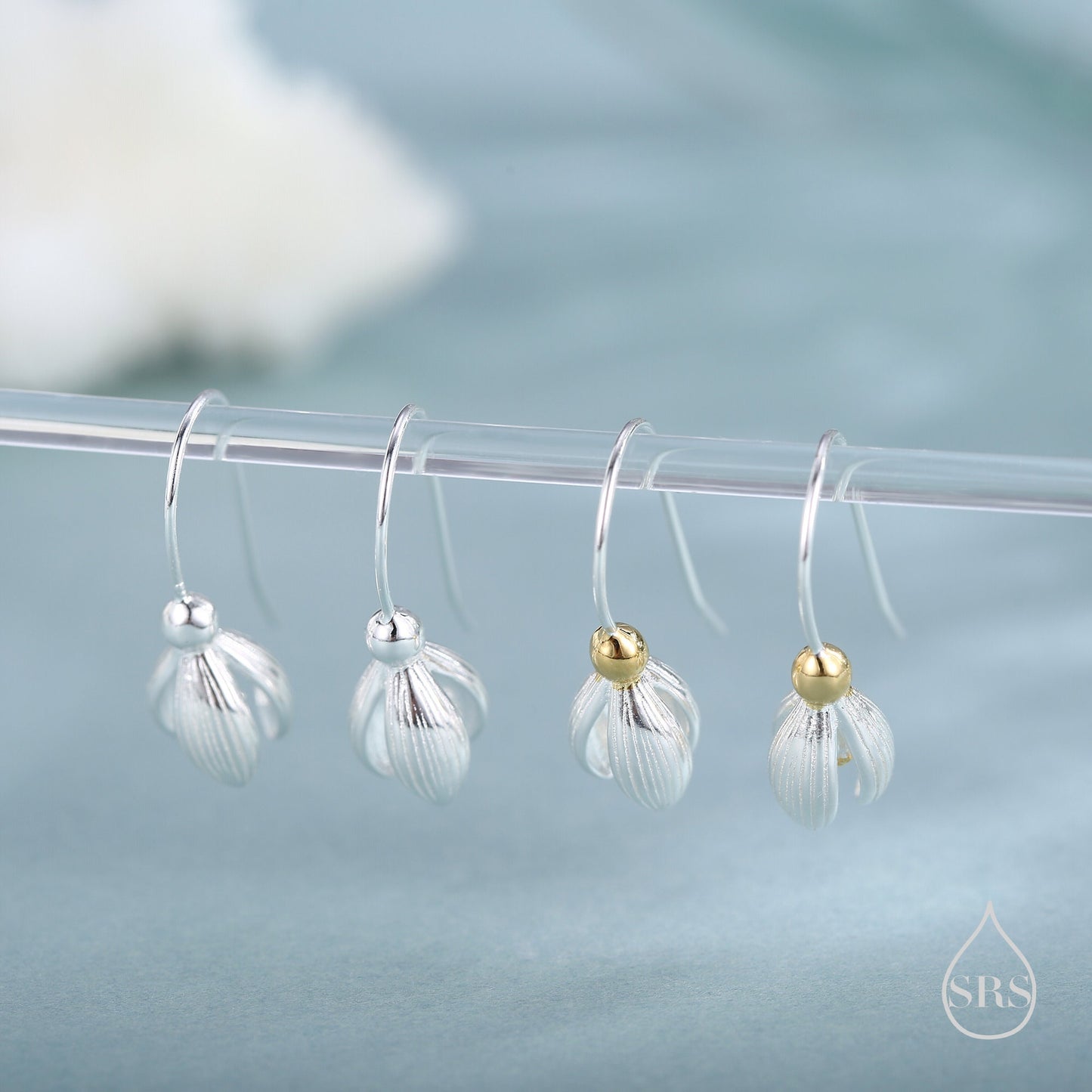 Delicate Snowdrop Flower Drop Earrings in Sterling Silver, Silver and Gold, Nature Inspired Flower Earrings, January Birth Flower, Botanical