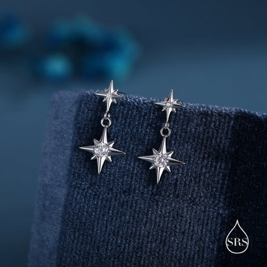 Double Starburst Drop Stud Earrings in Sterling Silver, Delicate North Star Earrings, Silver, Gold or Rose Gold, Star Earrings