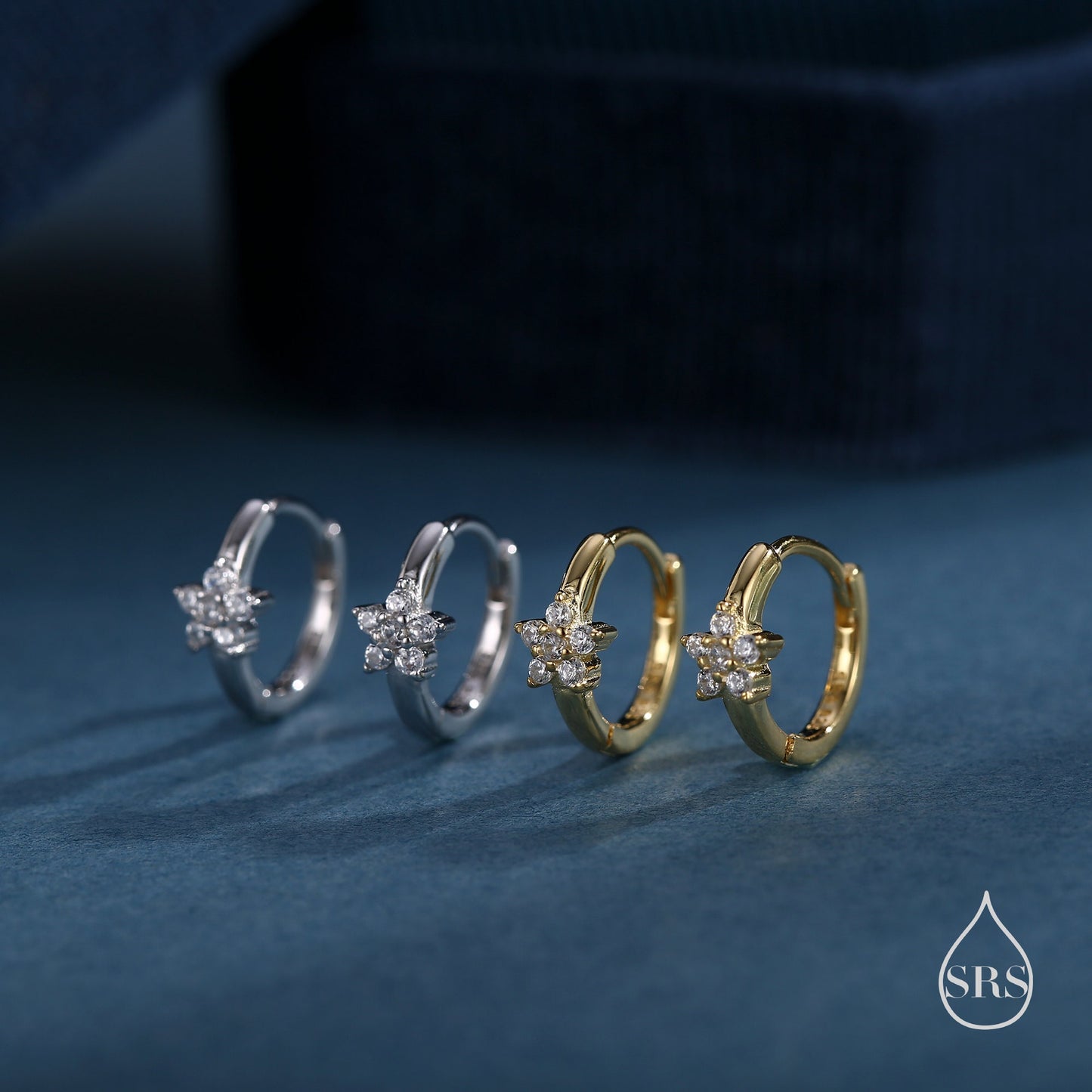 Tiny CZ Flower Huggie Hoops, CZ Hoop Earrings, Crystal Flower Huggie Earrings