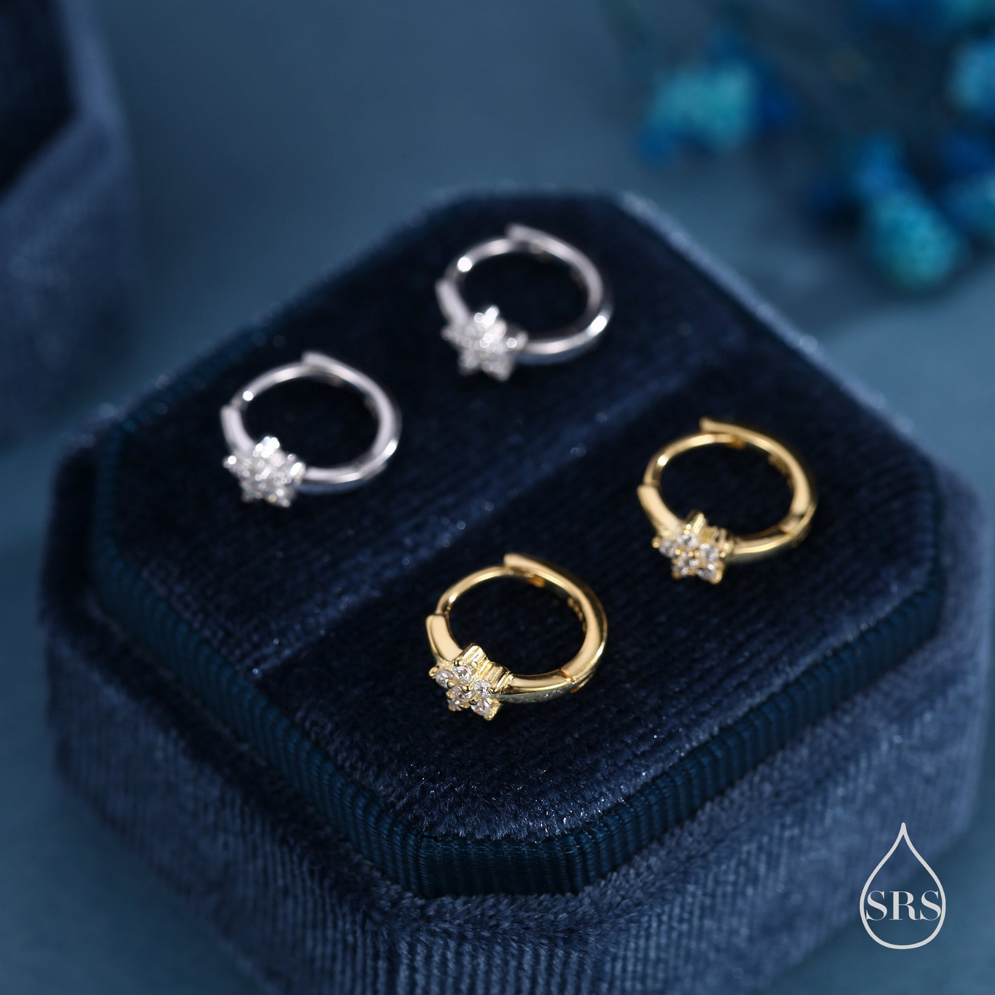 Tiny CZ Flower Huggie Hoops, CZ Hoop Earrings, Crystal Flower Huggie Earrings