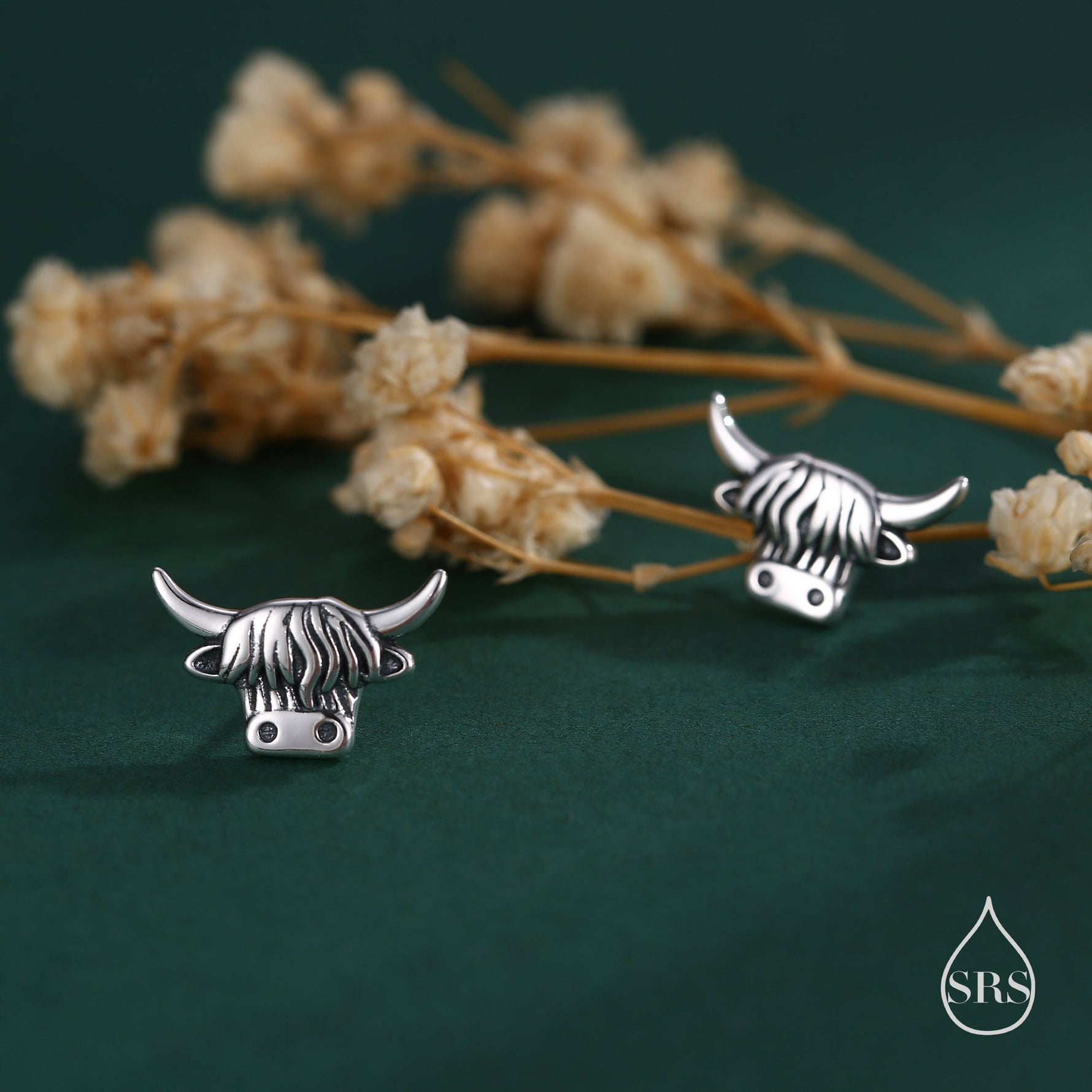 Delicate Highland Cow 18G Screw Back Earrings in Sterling Silver, Animal Earrings
