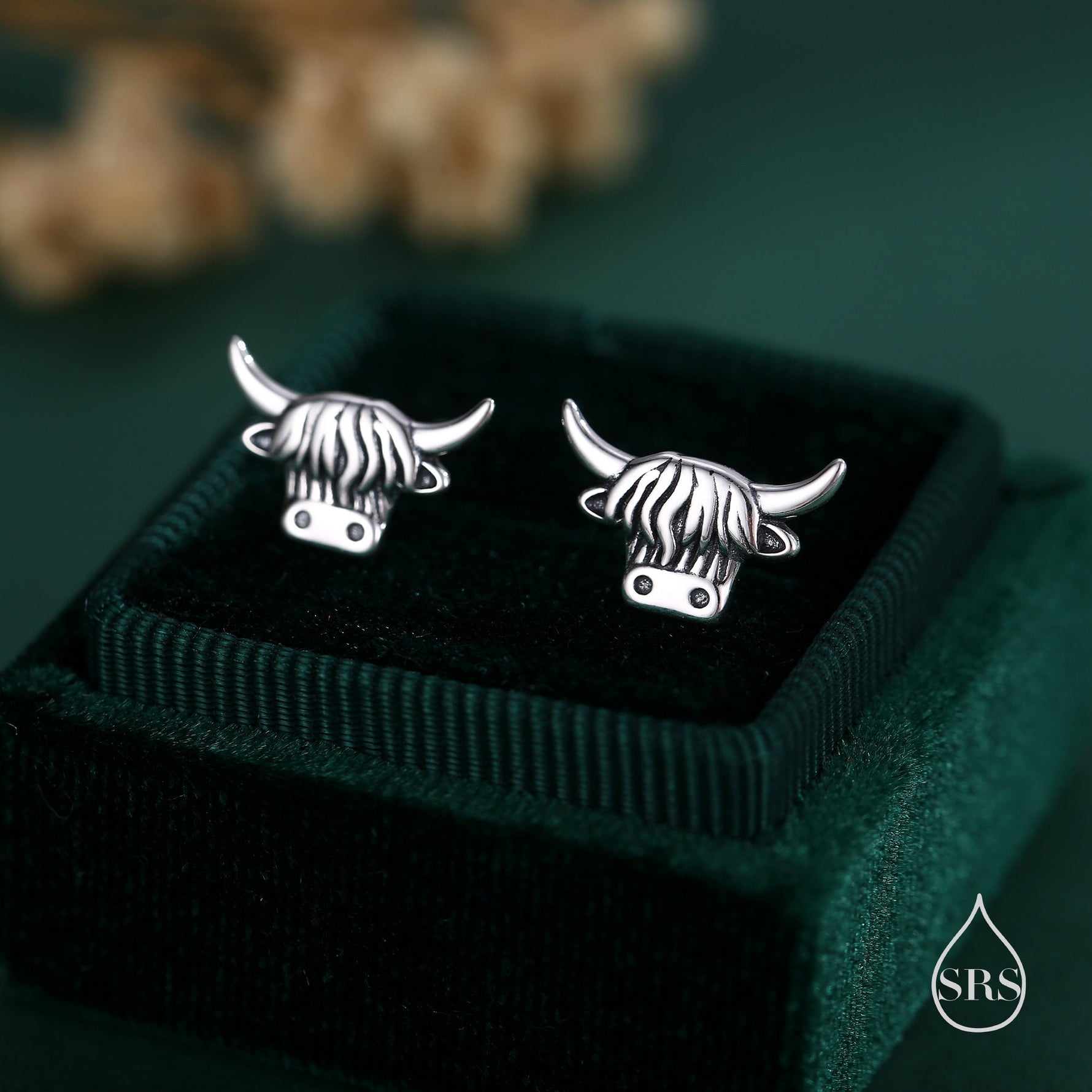 Delicate Highland Cow 18G Screw Back Earrings in Sterling Silver, Animal Earrings