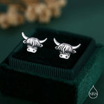 Delicate Highland Cow 16G Internally Threaded Flat Back Earrings in Sterling Silver, Animal Earrings