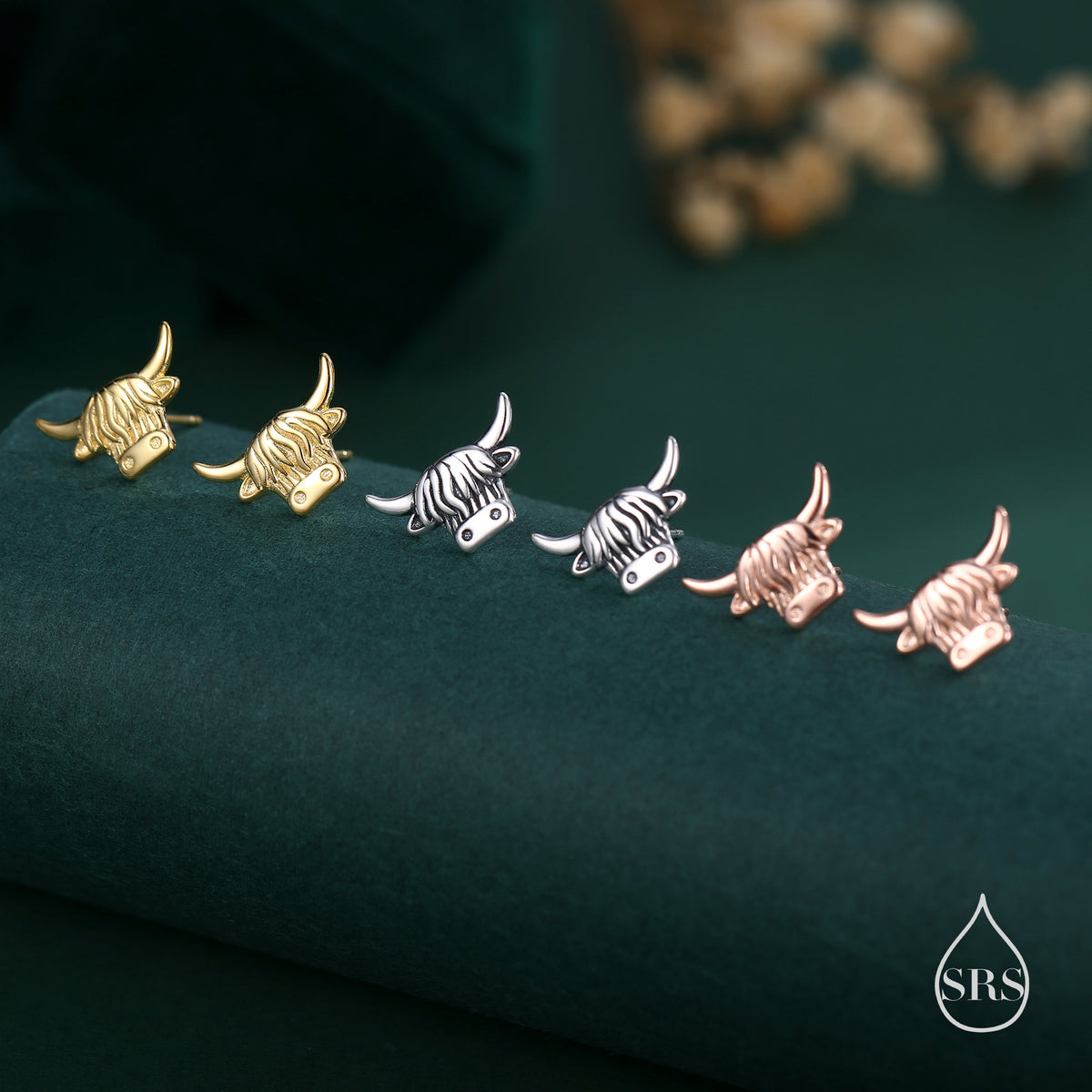 Delicate Highland Cow 18G Screw Back Earrings in Sterling Silver, Animal Earrings
