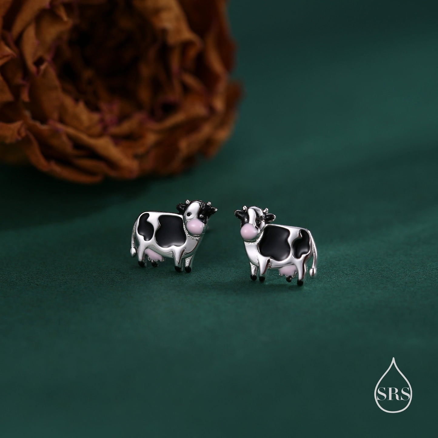 Small Pair of Dairy Cow Stud Earrings in Sterling Silver - Farm Animal Stud Earrings  - Cute,  Fun, Whimsical